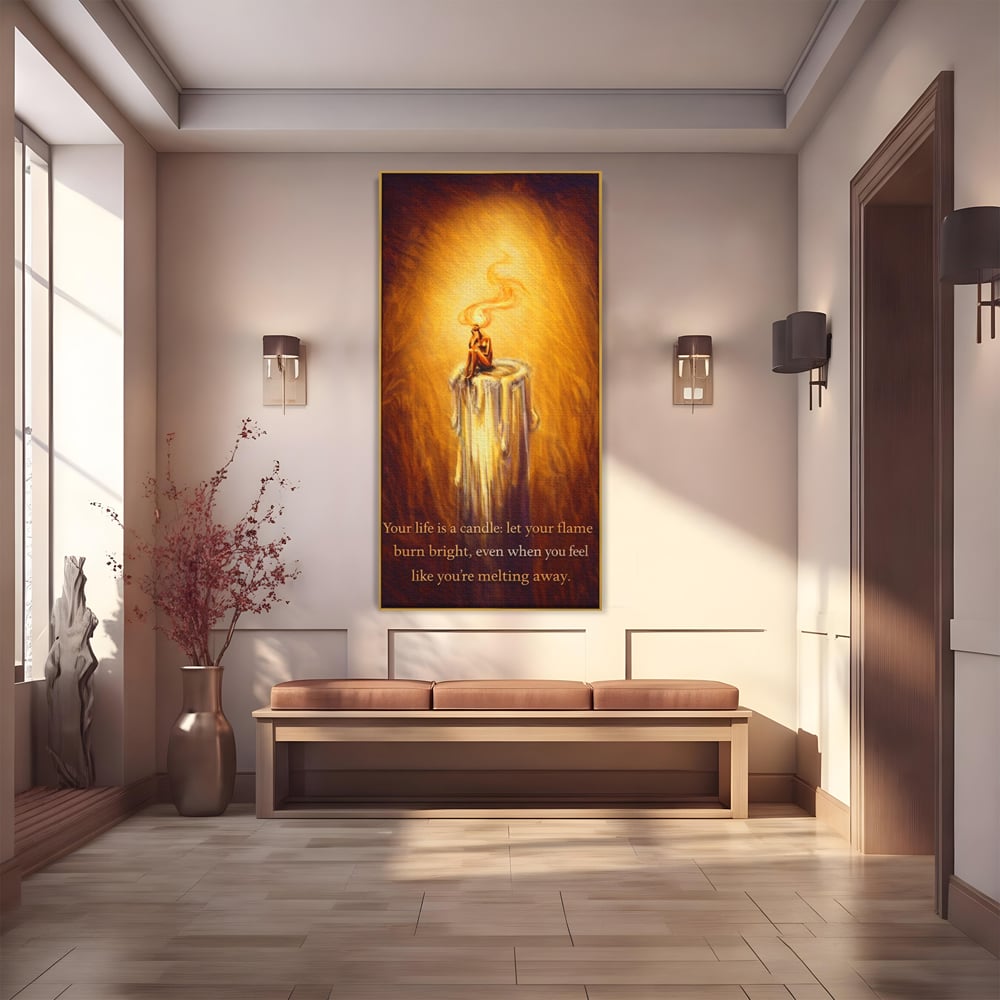 Tablou canvas cu tablou canvas cu lumanare si mesaj motivational, in rama de aluminiu auriu
